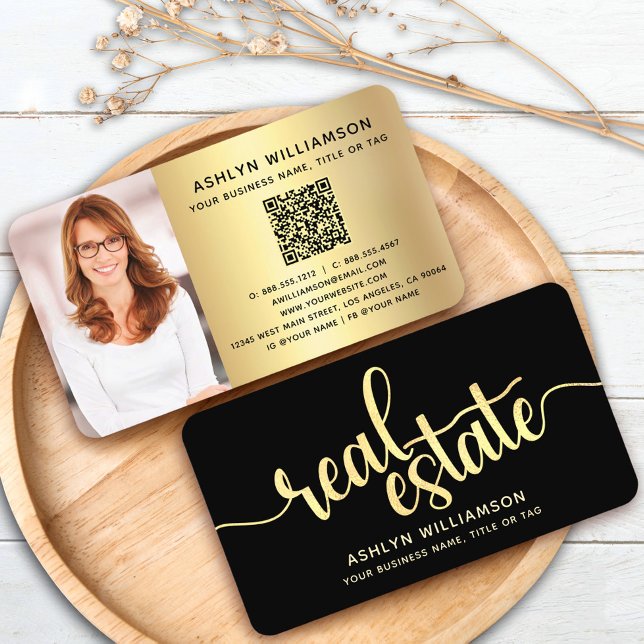 Black Gold Real Estate Agent QR Code Photo Broker Business Card (Creator Uploaded)