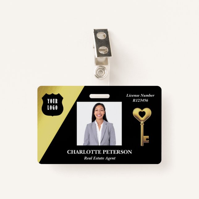 Black & Gold Real Estate Realtor Name Badge (Front with Clip)