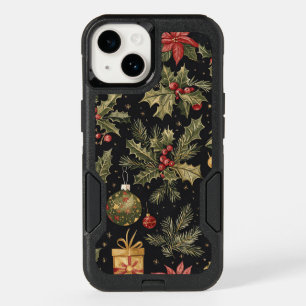 Black Gold Red Christmas Holly Pattern OtterBox iPhone 14 Case
