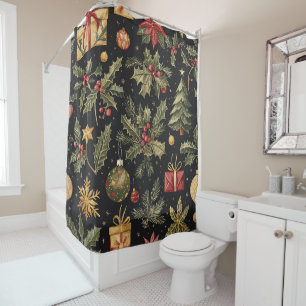 Black Gold Red Christmas Holly Pattern Shower Curtain