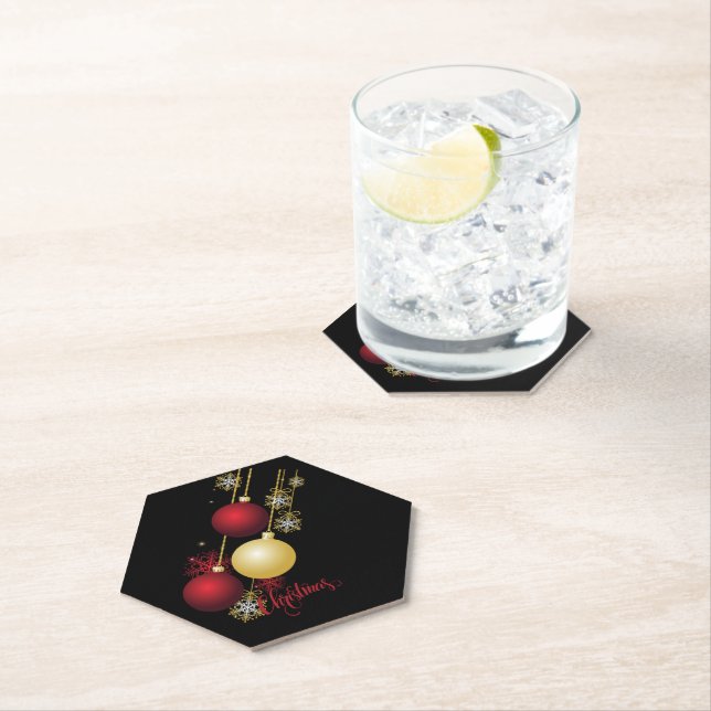 Black, Gold & Red Christmas Party Paper Coaster (Insitu)