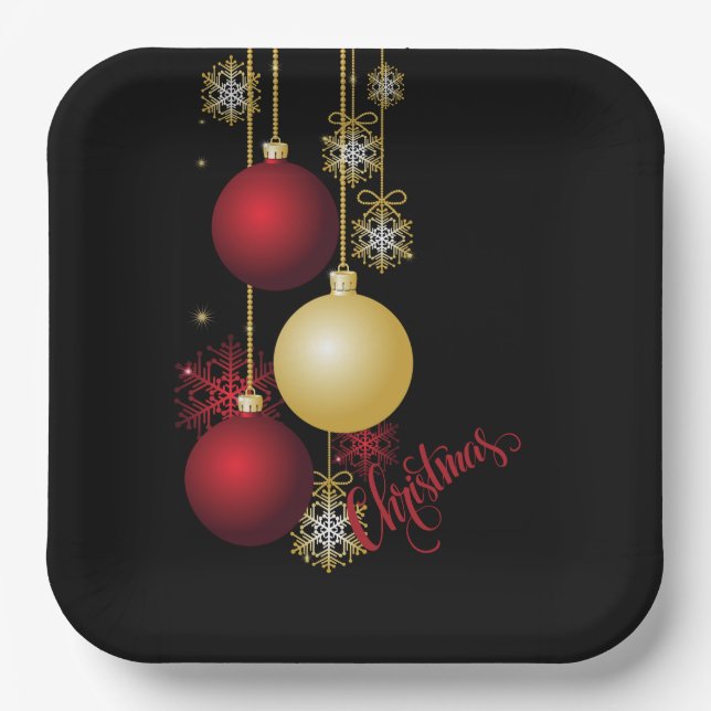 Black, Gold & Red Christmas Party Paper Plates (Front)