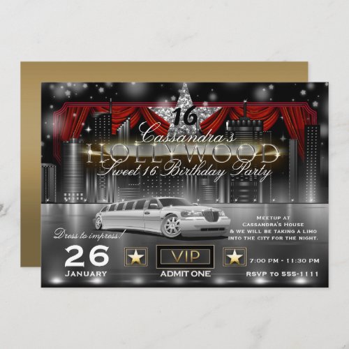 Black Gold Red City Lights Limo Hollywood Party Invitation