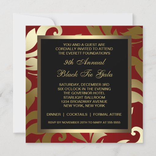 Black Gold Red Damask Holiday Party Invitations | Zazzle