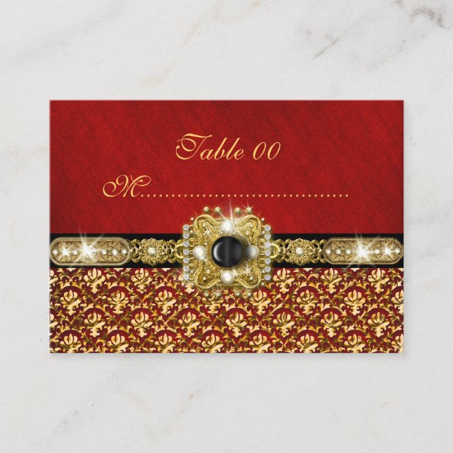Black gold red damask "table number" wedding place card (Front)