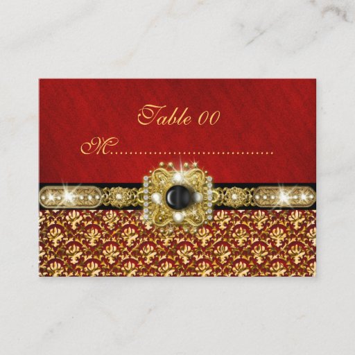 Customizable Black gold red damask "table number" wedding business card template