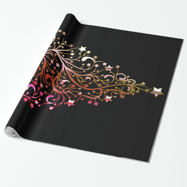 Black Gold Red Elegant Chic Christmas Tree Stars Wrapping Paper (Unrolled)