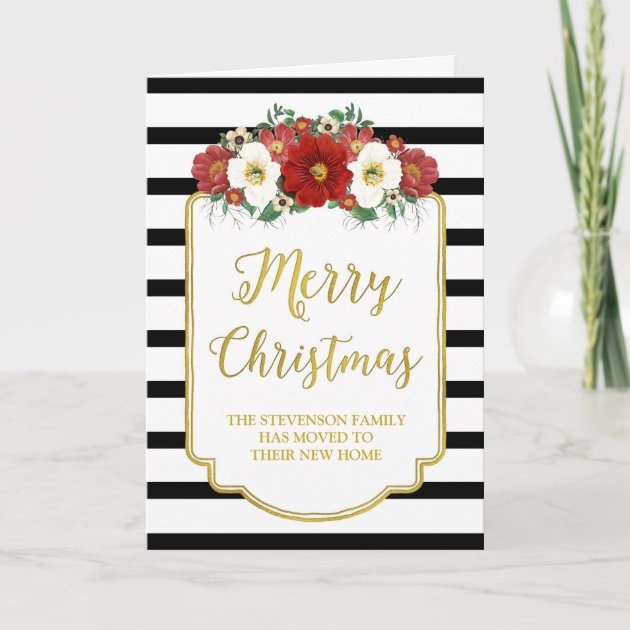 Black Gold Red Floral Merry Christmas New Address Holiday Invitation