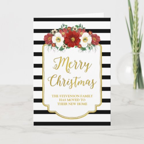 Black Gold Red Floral Merry Christmas New Address Holiday Card