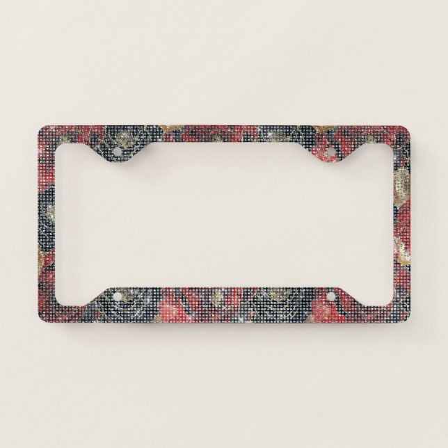Black Gold Red Flowers Sparkle License Plate Frame (Front)