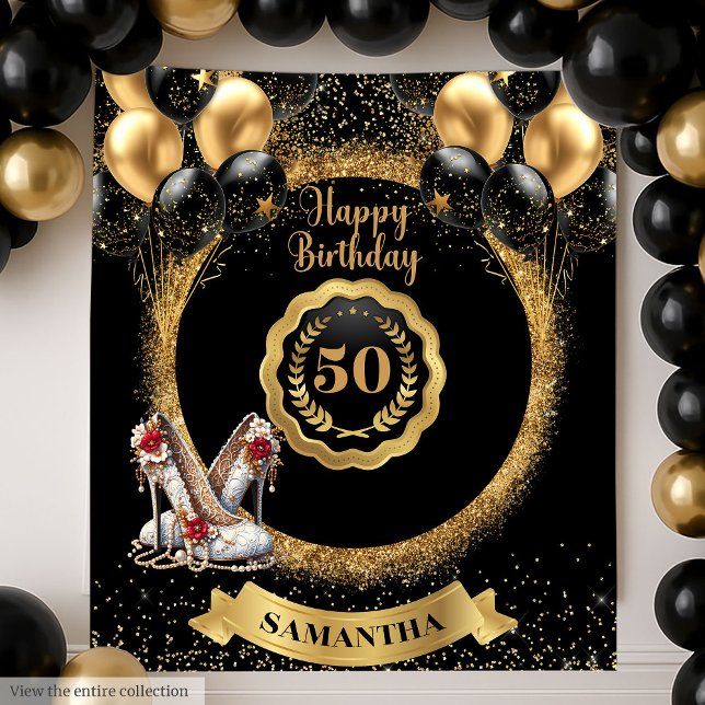Black Gold Red Glitter 50th Birthday Party Sign Tapestry (Black Gold Red Glitter 50th Birthday Party Sign)
