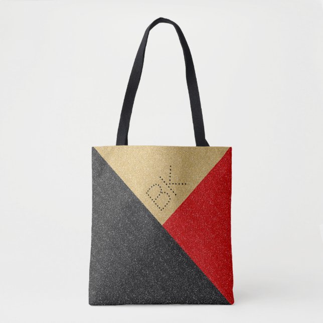 Black Gold Red Glitter Chic Monogram Personalized Tote Bag (Front)