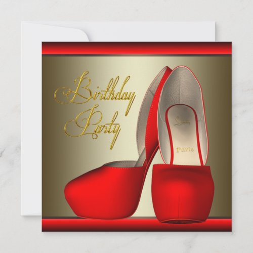 Black Gold Red High Heel Shoes Birthday Party Invitation