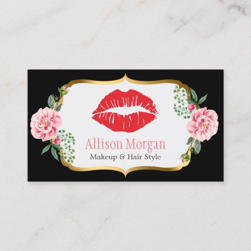 Customizable Black Gold Red Lips Flowers Makeup Artist Beauty Business Card