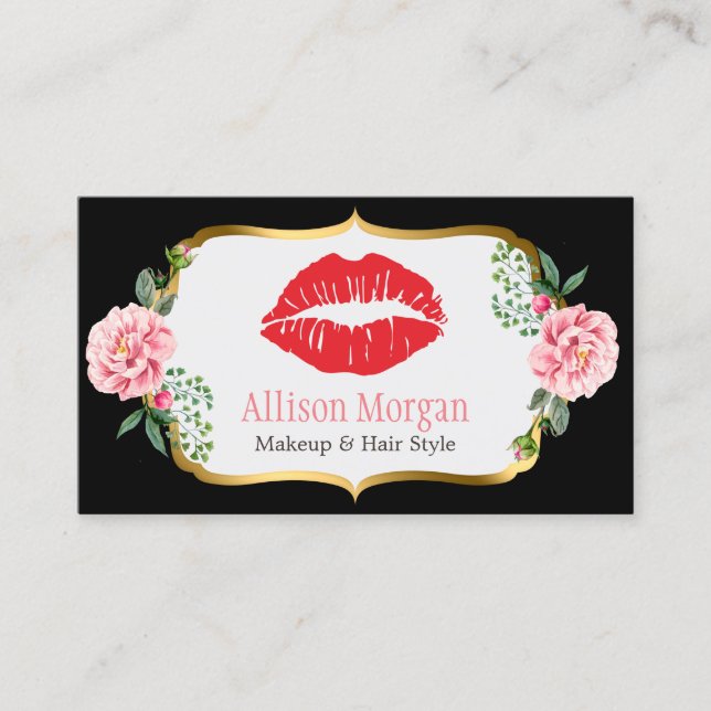 Black Gold Red Lips Flowers Makeup Artist Beauty Business Card (Front)