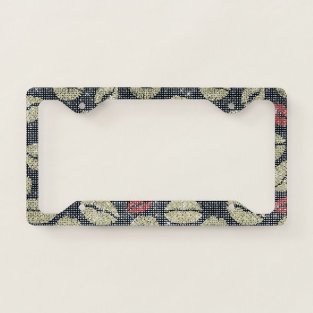Black Gold Red Lips Sparkle License Plate Frame (Front)