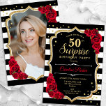 Black Gold Red Photo Surprise 50th Birthday Invitation<br><div class="desc">Elegant floral surprise 50th birthday invitation with your photo at the back of the card. Glam black white red design with faux glitter gold. Features black and white stripes, red roses, script font and confetti. Perfect for a stylish adult surprise bday celebration party. Personalise with your own details. Can be...</div>