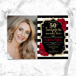 Black Gold Red Photo Surprise 50th Birthday Invitation<br><div class="desc">Elegant floral surprise 50th birthday invitation with your photo. Glam black white red design with faux glitter gold. Features black and white stripes, red roses, script font and confetti. Perfect for a stylish adult surprise bday celebration party. Personalise with your own details. Can be customised for any age! Printed Zazzle...</div>