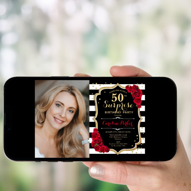 Black Gold Red Photo Surprise 50th Birthday Invitation (Front Digital)