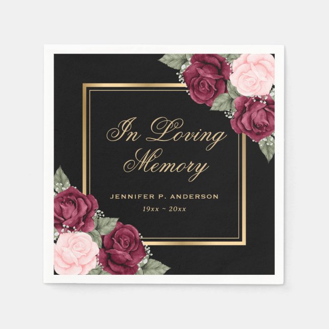 Black Gold Red Pink Floral Memorial Funeral Napkins (Front)
