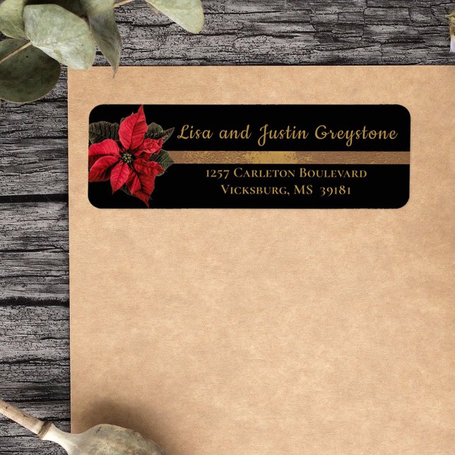 Black/Gold & Red Poinsettia Return Address Label (Creator Uploaded)