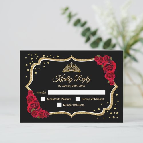 Black Gold Red Quinceanera RSVP Card