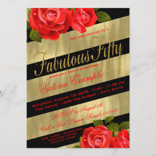 Black Gold Red Rose 50th Birthday Invitation