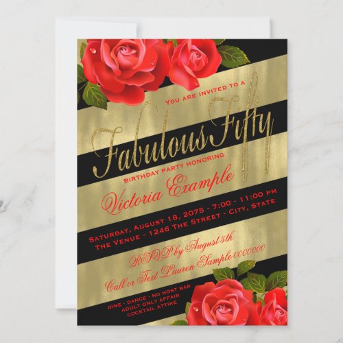 Black Gold Red Rose 50th Birthday Invitation