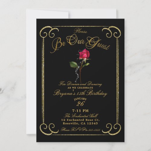 Black  Gold Red Rose Beauty Sweet 16 Birthday Invitation