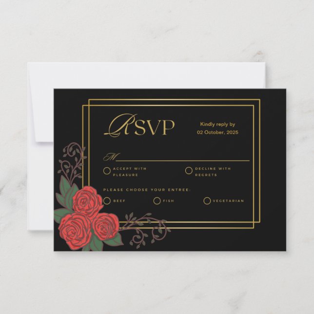 Black Gold Red Rose Floral Wedding RSVP Card (Front)