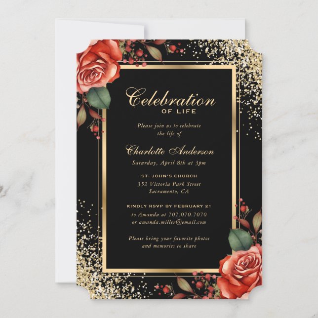 Black Gold Red Rose Photo Celebration of Life Invitation (Front)