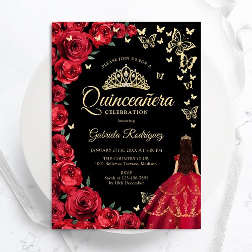 Black Gold Red Roses Butterflies Quinceanera Invitation