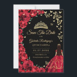Black Gold Red Roses Butterflies Quinceanera Save The Date<br><div class="desc">Black red gold Quinceanera celebration save the date card. Features brunette girl in ball gown dress,  script font,  gold butterflies,  red roses and tiara. Perfect for an elegant princess style glam celebration. Personalize with your own details. Printed Zazzle cards or instant download digital printable template.</div>