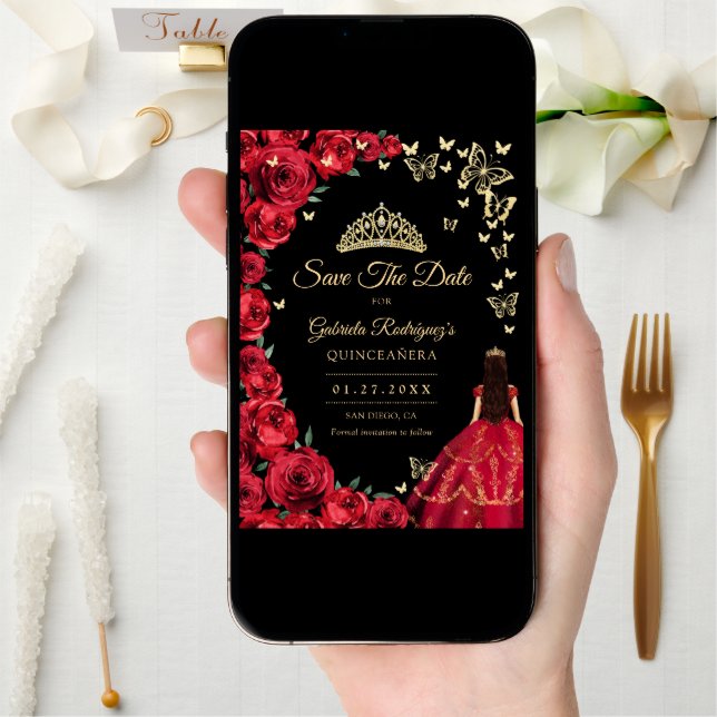 Black Gold Red Roses Butterflies Quinceanera Save The Date (Front Digital)