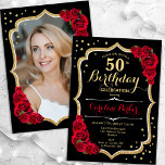 Black Gold Red Roses Photo 50th Birthday Invitation<br><div class="desc">Elegant floral 50th birthday invitation with your photo at the back of the card. Glam black and red design with faux glitter gold. Features red roses, script font and confetti. Perfect for a stylish adult bday celebration party. Personalise with your own details. Can be customised for any age! Printed Zazzle...</div>
