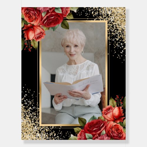 Black Gold Red Roses Photo Memorial Funeral Sign
