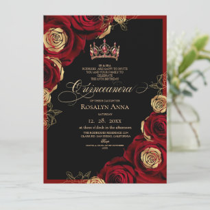 Black Gold Red Roses Princess Quinceañera Invitation