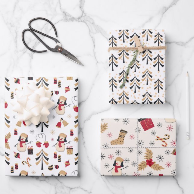 Black Gold Red Snowmen Christmas Trees Holiday  Wrapping Paper Sheets (Front)