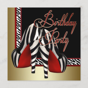 Black Gold Red Zebra High Heels Birthday Party Invitation