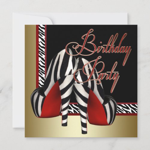 Black Gold Red Zebra High Heels Birthday Party Invitation