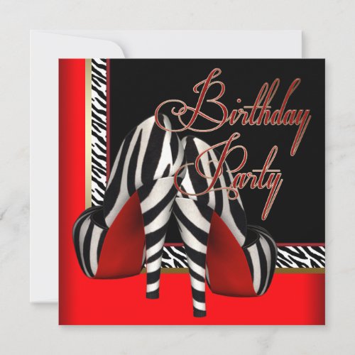 Black Gold Red Zebra High Heels Birthday Party Invitation