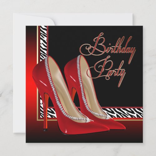 Black Gold Red Zebra High Heels Birthday Party Invitation