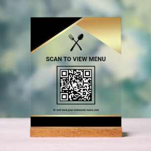 Black Gold Restaurant Digital QR Code Menu Acrylic Sign