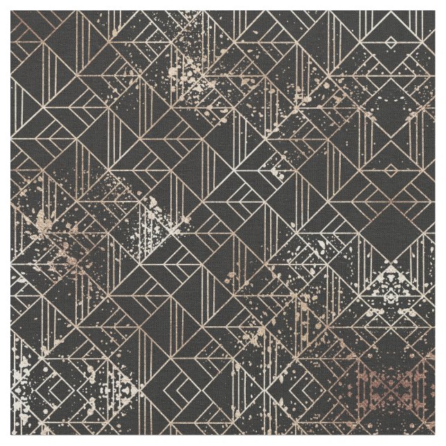 Black Gold Retro Art Deco Geometric Paint Splatter Fabric (Close Up)