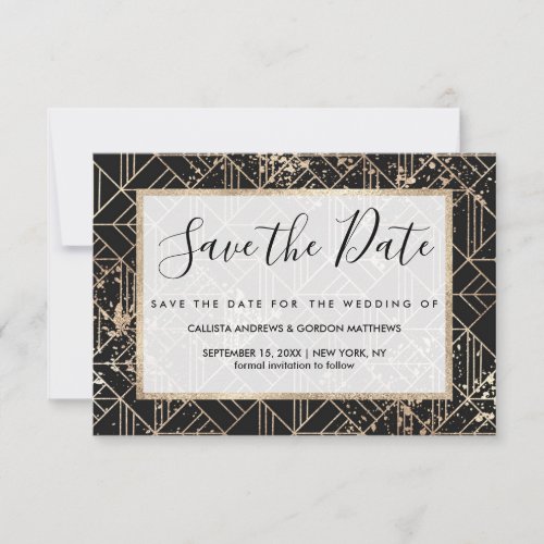 Black Gold Retro Art Deco Geometric Paint Splatter Save The Date