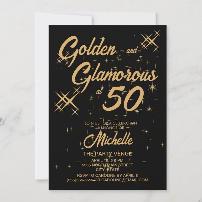 Black Gold Retro Golden Glamorous 50th Birthday Invitation (Front)