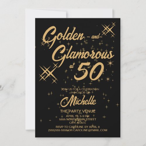 Black Gold Retro Golden Glamorous 50th Birthday Invitation