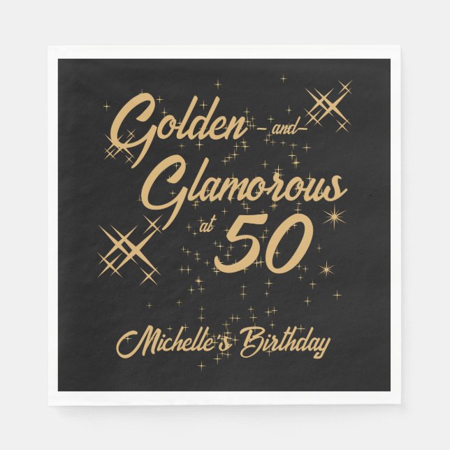 Black Gold Retro Golden Glamorous 50th Birthday Napkins (Front)