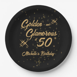 Black Gold Retro Golden Glamorous 50th Birthday Paper Plates