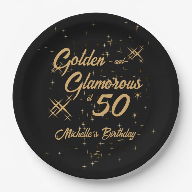Black Gold Retro Golden Glamorous 50th Birthday Paper Plates (Front)